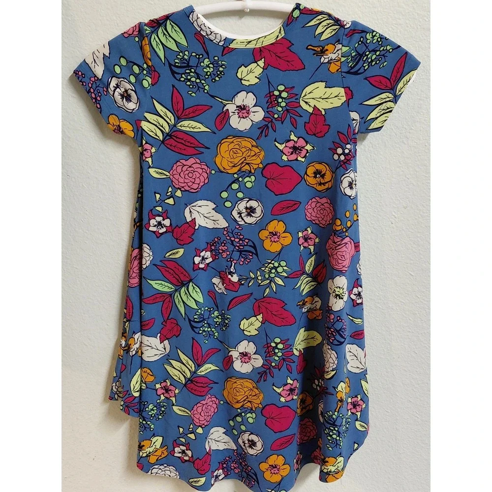 LuLaRoe Girls Scarlett Dress Size 4 Blue Multicolor Floral High Low Short Sleeve
